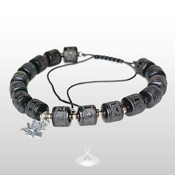 Ebony Tibetan 6 Character Prayer Wheel Mantra Bracelet with  Silver Lotus Charm - Picture 3 of 4